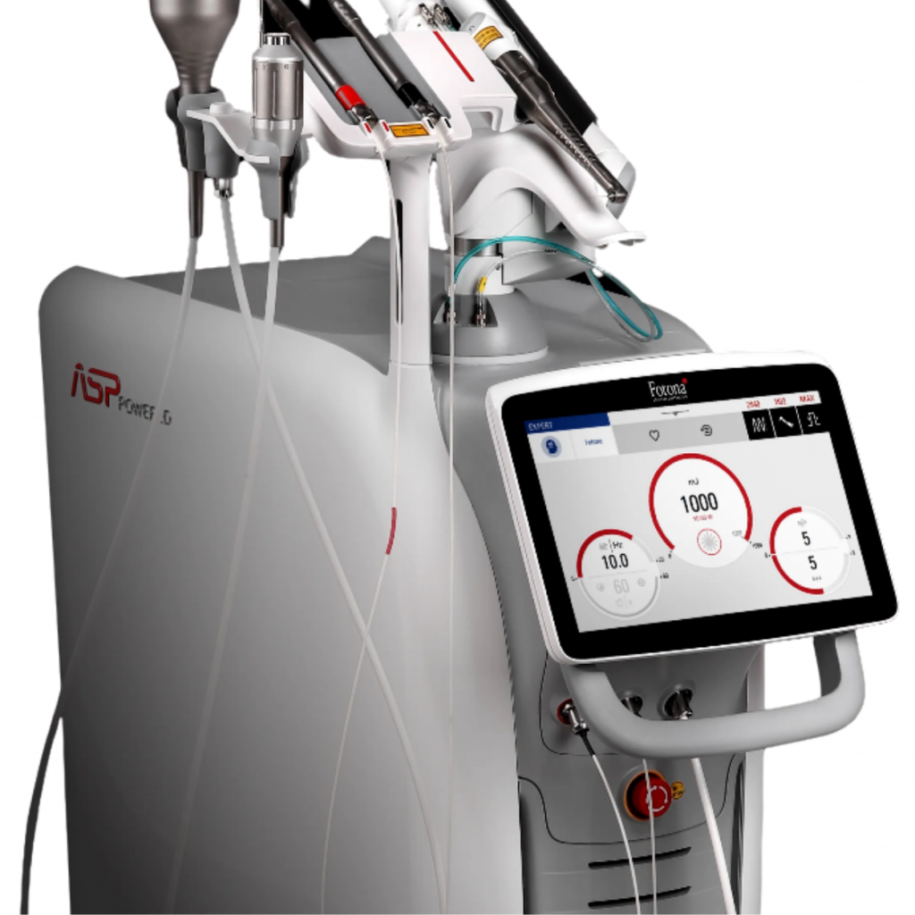 The Fotona LightWalker medical and dental laser machine, featuring its dual-wavelength system, adjustable articulated arm, and digital touchscreen interface, positioned in a modern dental office.